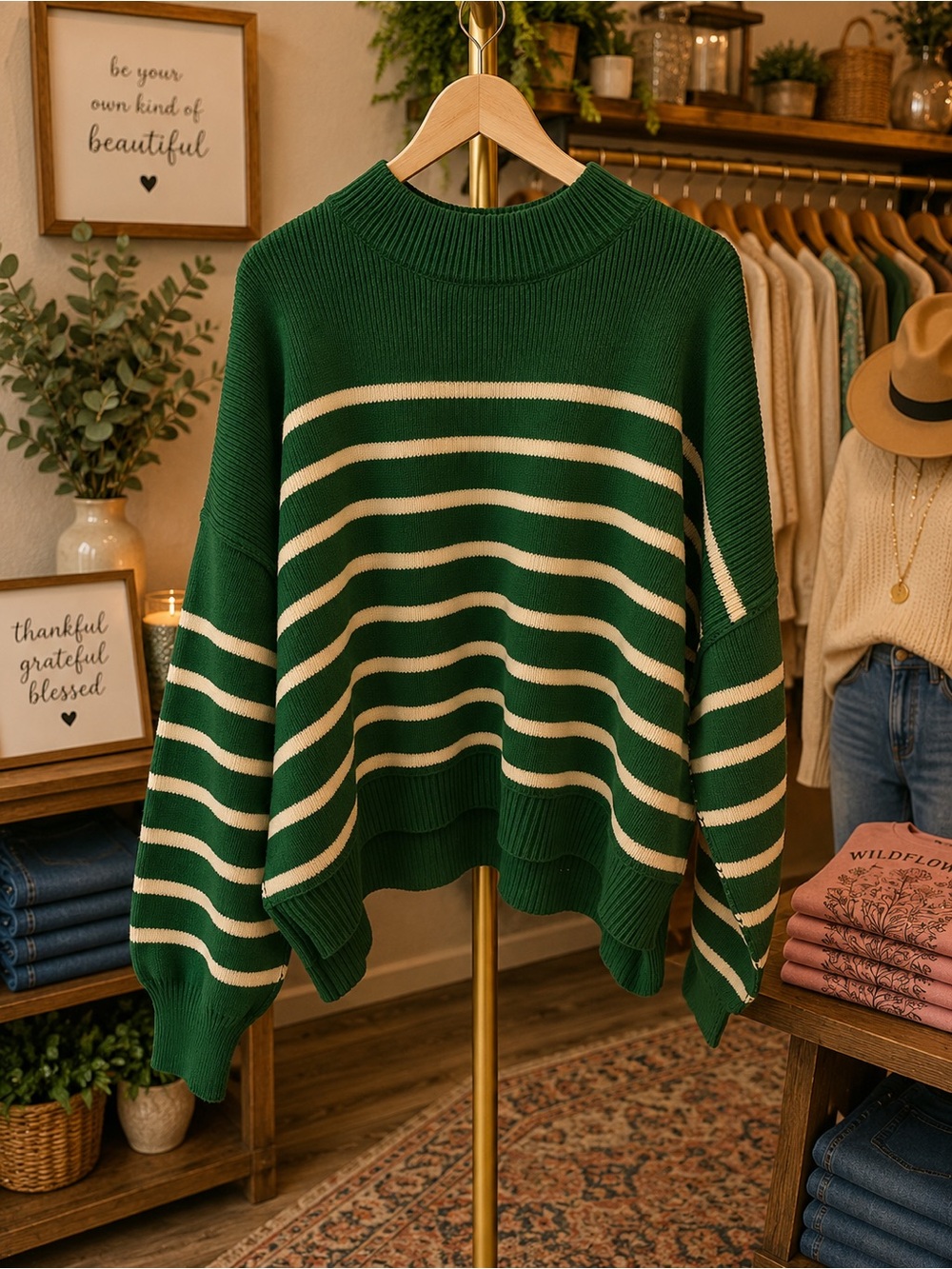 Zenana Outfitters Green & Cream Striped Crewneck Sweater